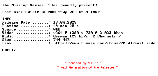 NFO for the release East.Side.S01E10.GERMAN.720p.WEB.h264-TMSF by TMSF