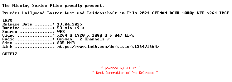 NFO for the release Pruedes.Hollywood.Laster.Lust.und.Leidenschaft.im.Film.2024.GERMAN.DOKU.1080p.WEB.x264-TMSF by TMSF