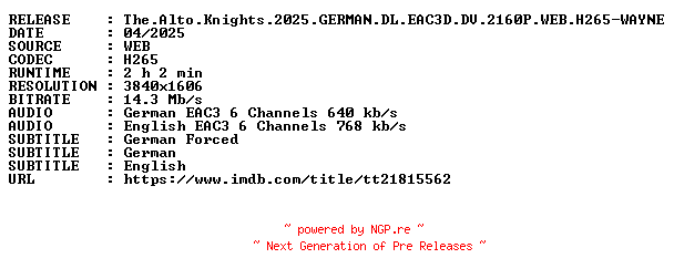 NFO for the release The.Alto.Knights.2025.GERMAN.DL.EAC3D.DV.2160P.WEB.H265-WAYNE by WAYNE