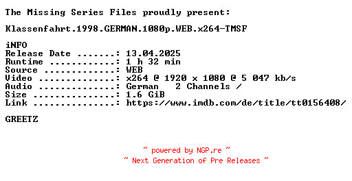 NFO for the release Klassenfahrt.1998.GERMAN.1080p.WEB.x264-TMSF by TMSF