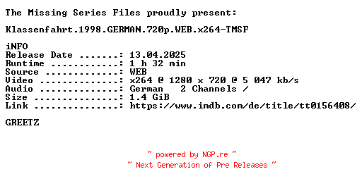 NFO for the release Klassenfahrt.1998.GERMAN.720p.WEB.x264-TMSF by TMSF