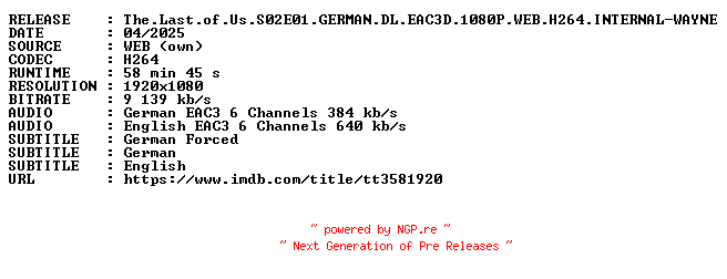 NFO for the release The.Last.of.Us.S02E01.GERMAN.DL.EAC3D.1080P.WEB.H264.INTERNAL-WAYNE by WAYNE