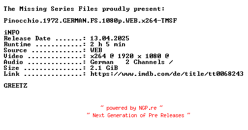NFO for the release Pinocchio.1972.GERMAN.FS.1080p.WEB.x264-TMSF by TMSF