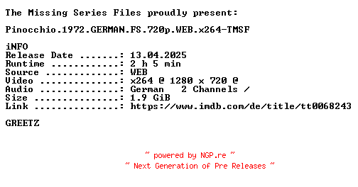 NFO for the release Pinocchio.1972.GERMAN.FS.720p.WEB.x264-TMSF by TMSF