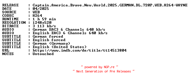NFO for the release Captain.America.Brave.New.World.2025.GERMAN.DL.720P.WEB.H264-WAYNE by WAYNE