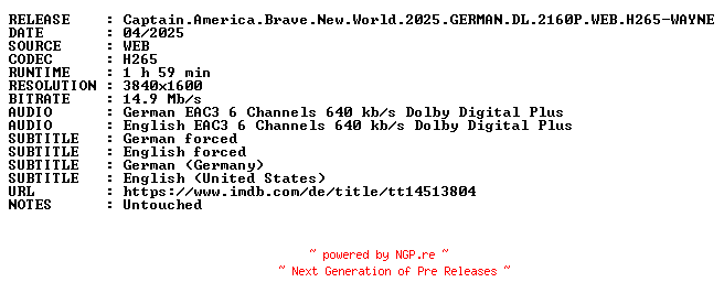 NFO for the release Captain.America.Brave.New.World.2025.GERMAN.DL.2160P.WEB.H265-WAYNE by WAYNE