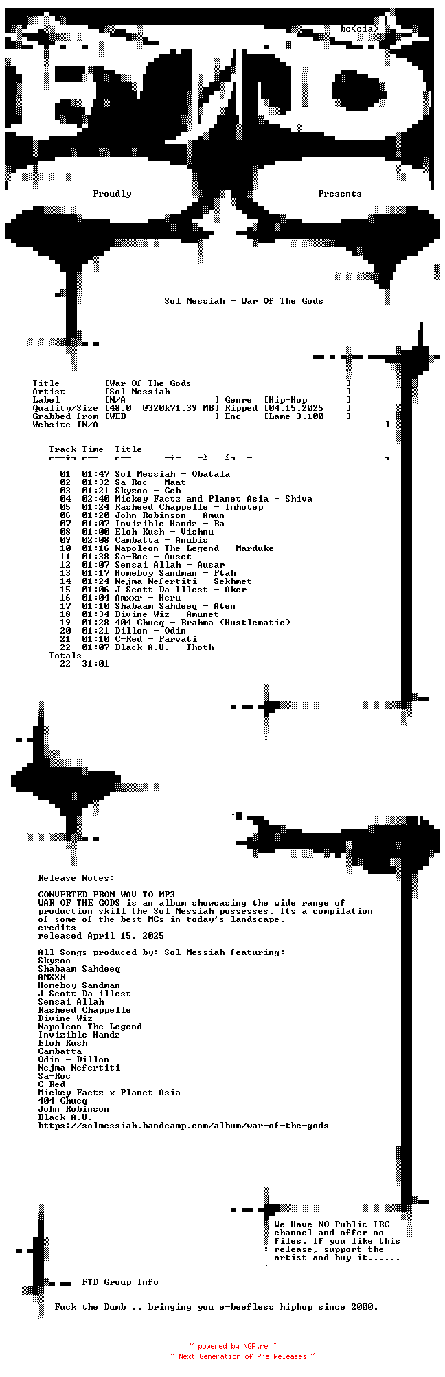 NFO for the release Sol_Messiah-War_Of_The_Gods-WEB-2025-FTD by FTD