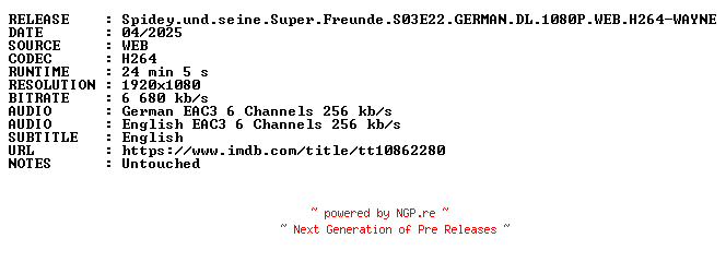 NFO for the release Spidey.und.seine.Super.Freunde.S03E22.GERMAN.DL.1080P.WEB.H264-WAYNE by WAYNE