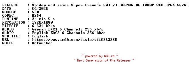 NFO for the release Spidey.und.seine.Super.Freunde.S03E23.GERMAN.DL.1080P.WEB.H264-WAYNE by WAYNE
