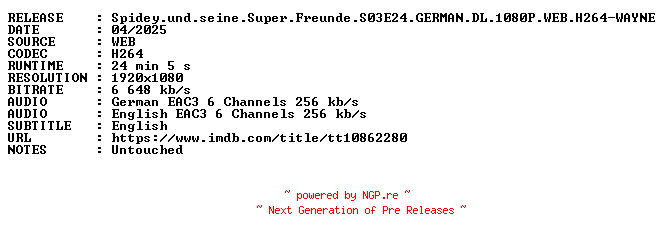 NFO for the release Spidey.und.seine.Super.Freunde.S03E24.GERMAN.DL.1080P.WEB.H264-WAYNE by WAYNE