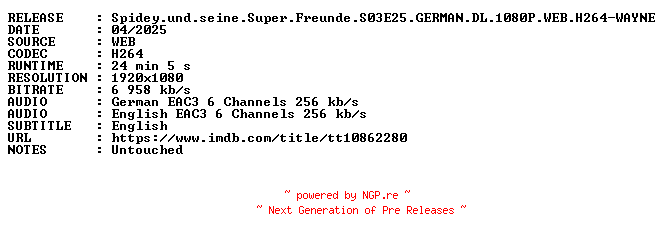 NFO for the release Spidey.und.seine.Super.Freunde.S03E25.GERMAN.DL.1080P.WEB.H264-WAYNE by WAYNE