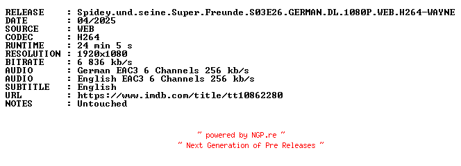 NFO for the release Spidey.und.seine.Super.Freunde.S03E26.GERMAN.DL.1080P.WEB.H264-WAYNE by WAYNE