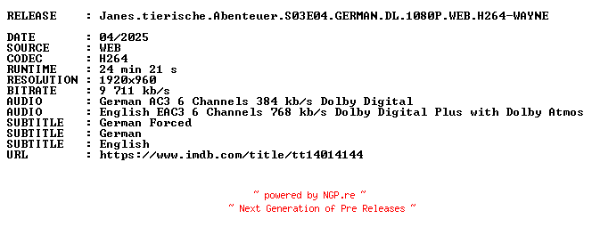 NFO for the release Janes.tierische.Abenteuer.S03E04.GERMAN.DL.1080P.WEB.H264-WAYNE by WAYNE