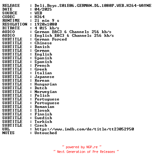 NFO for the release Deli.Boys.S01E06.GERMAN.DL.1080P.WEB.H264-WAYNE by WAYNE