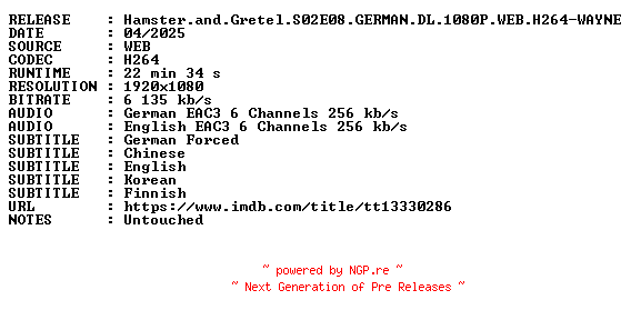 NFO for the release Hamster.and.Gretel.S02E08.GERMAN.DL.1080P.WEB.H264-WAYNE by WAYNE