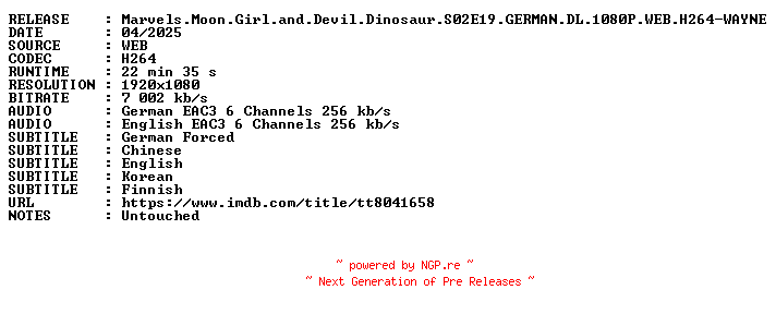 NFO for the release Marvels.Moon.Girl.and.Devil.Dinosaur.S02E19.GERMAN.DL.1080P.WEB.H264-WAYNE by WAYNE