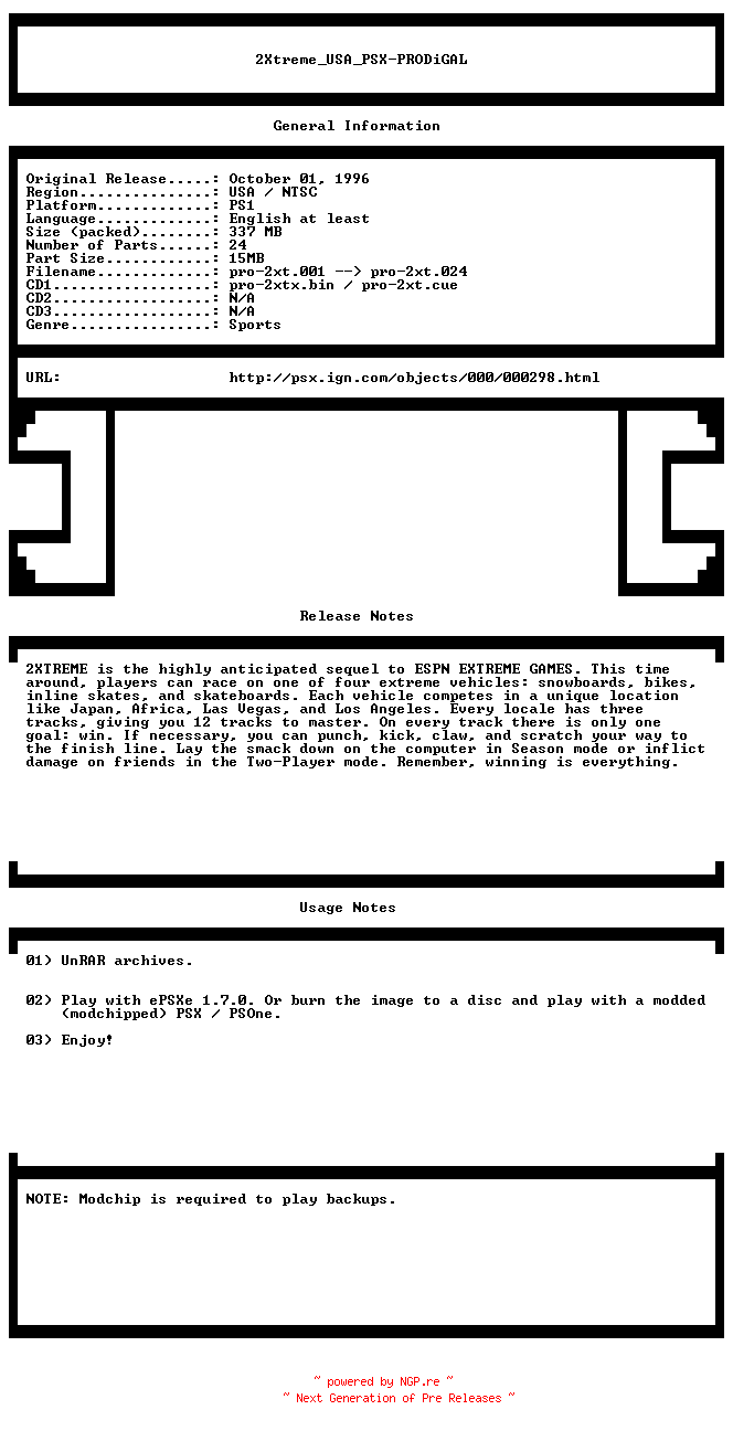 NFO for the release 2Xtreme_USA_PSX-PRODiGAL by PRODiGAL