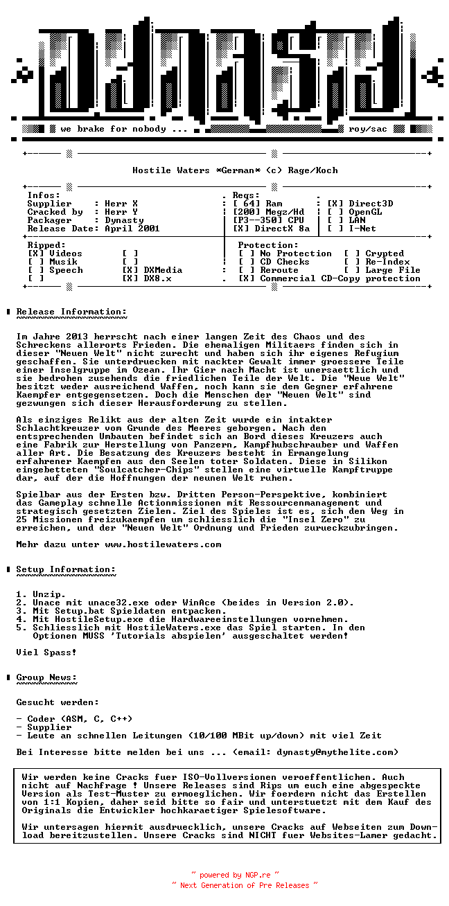 NFO for the release Hostile.Waters.GERMAN-DYNASTY by DYNASTY