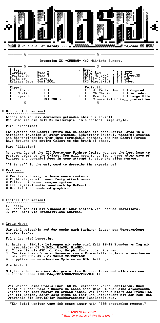NFO for the release Intensity.XS.GERMAN-DYNASTY by DYNASTY