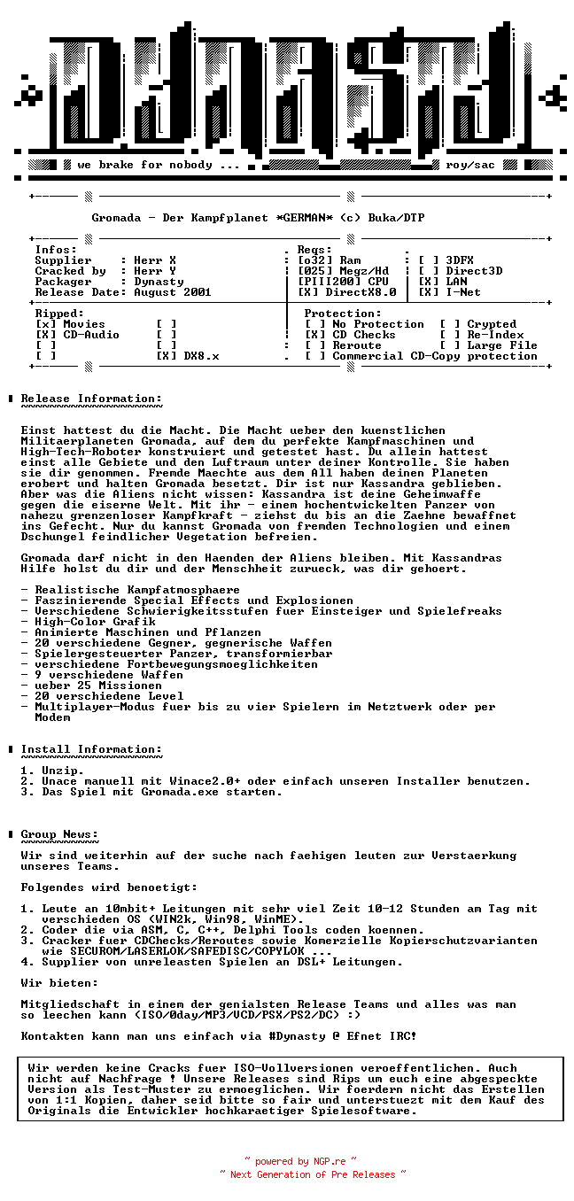 NFO for the release Gromada.Der.Kampfplanet.GERMAN-DYNASTY by DYNASTY