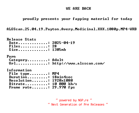 NFO for the release ALSScan.25.04.19.Payton.Avery.Medicinal.XXX.1080p.MP4-WRB by WRB