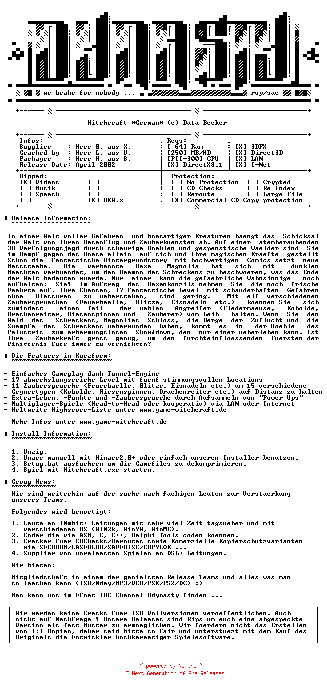 NFO for the release Witchcraft.GERMAN-DYNASTY by DYNASTY