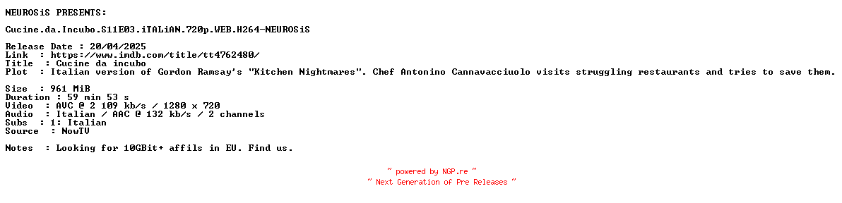 NFO for the release Cucine.da.Incubo.S11E03.iTALiAN.720p.WEB.H264-NEUROSiS by NEUROSiS