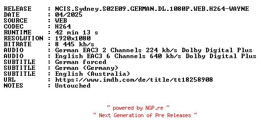 NFO for the release NCIS.Sydney.S02E09.GERMAN.DL.1080P.WEB.H264-WAYNE by WAYNE