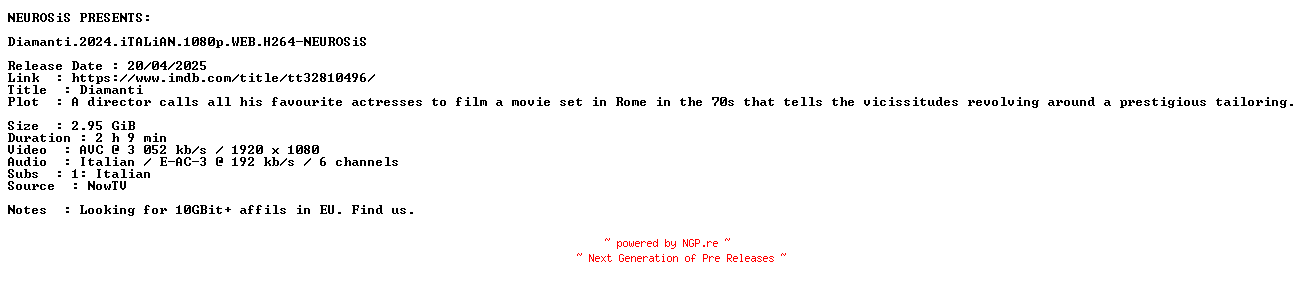 NFO for the release Diamanti.2024.iTALiAN.1080p.WEB.H264-NEUROSiS by NEUROSiS