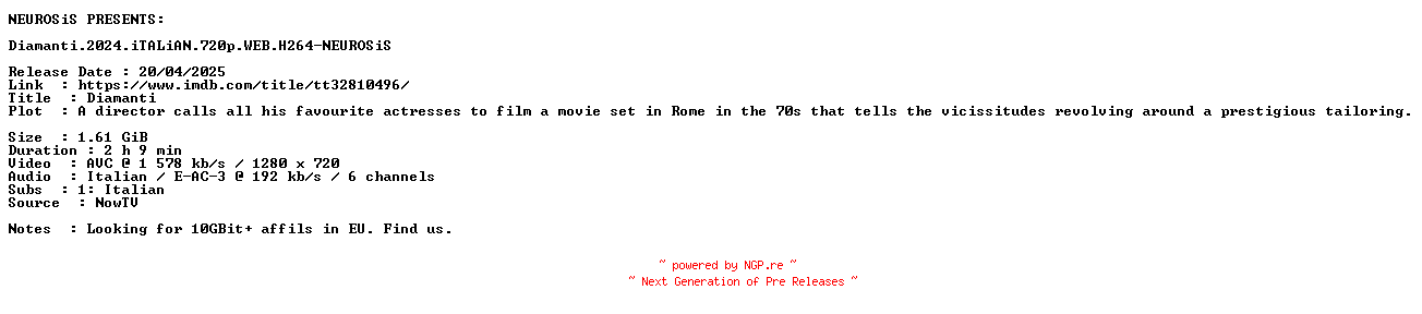 NFO for the release Diamanti.2024.iTALiAN.720p.WEB.H264-NEUROSiS by NEUROSiS