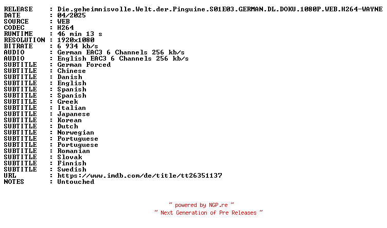 NFO for the release Die.geheimnisvolle.Welt.der.Pinguine.S01E03.GERMAN.DL.DOKU.1080P.WEB.H264-WAYNE by WAYNE
