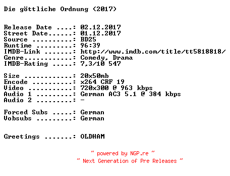 NFO for the release Die.goettliche.Ordnung.German.2017.AC3.BDRip.x264-SPiCY by SPiCY