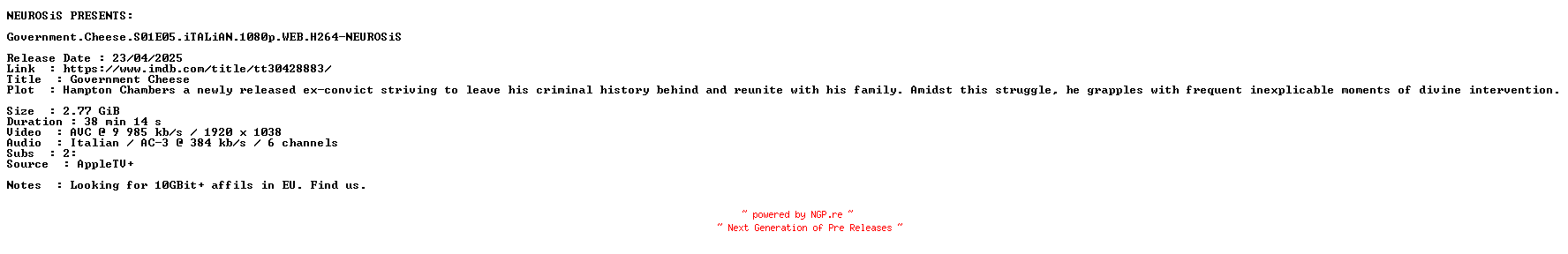 NFO for the release Government.Cheese.S01E05.iTALiAN.1080p.WEB.H264-NEUROSiS by NEUROSiS