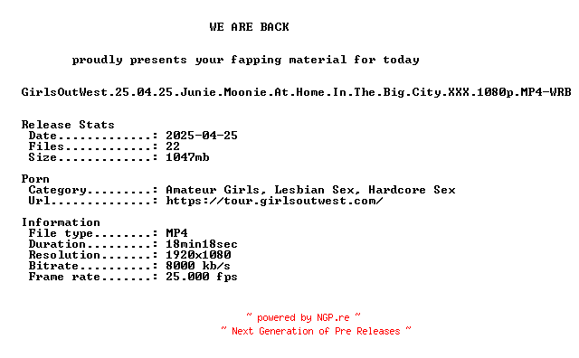 NFO for the release GirlsOutWest.25.04.25.Junie.Moonie.At.Home.In.The.Big.City.XXX.1080p.MP4-WRB by WRB