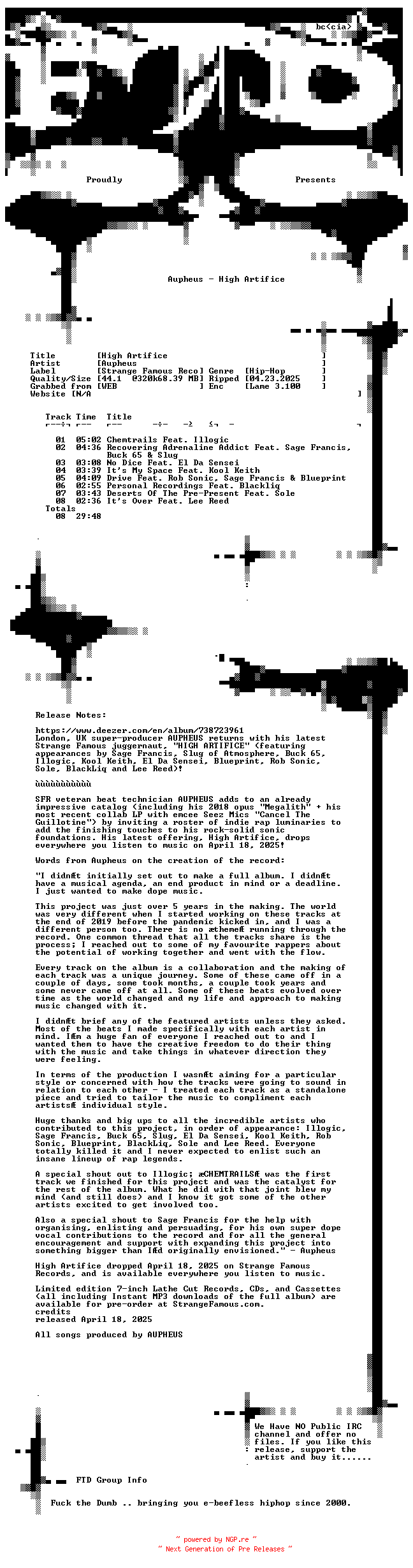 NFO for the release Aupheus-High_Artifice-WEB-2025-FTD by FTD