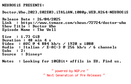 NFO for the release Doctor.Who.2023.S02E03.iTALiAN.1080p.WEB.H264-NEUROSiS by NEUROSiS