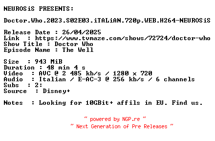 NFO for the release Doctor.Who.2023.S02E03.iTALiAN.720p.WEB.H264-NEUROSiS by NEUROSiS