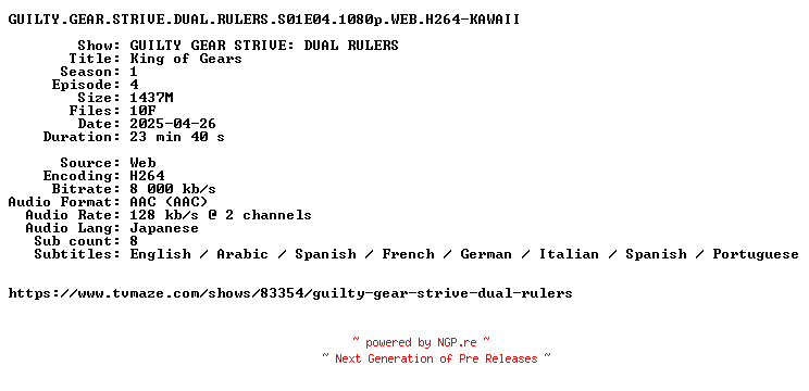 NFO for the release GUILTY.GEAR.STRIVE.DUAL.RULERS.S01E04.1080p.WEB.H264-KAWAII by KAWAII