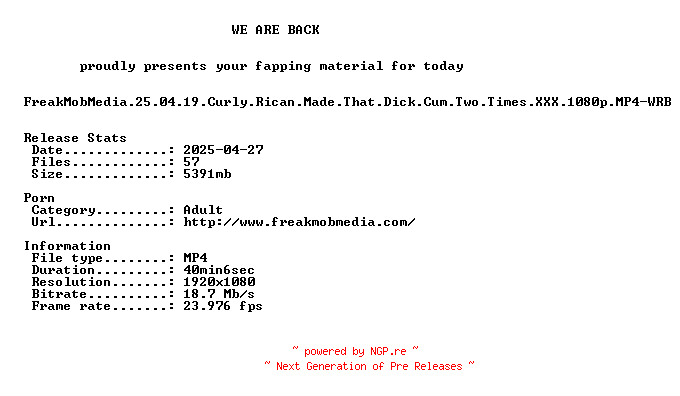 NFO for the release FreakMobMedia.25.04.19.Curly.Rican.Made.That.Dick.Cum.Two.Times.XXX.1080p.MP4-WRB by WRB