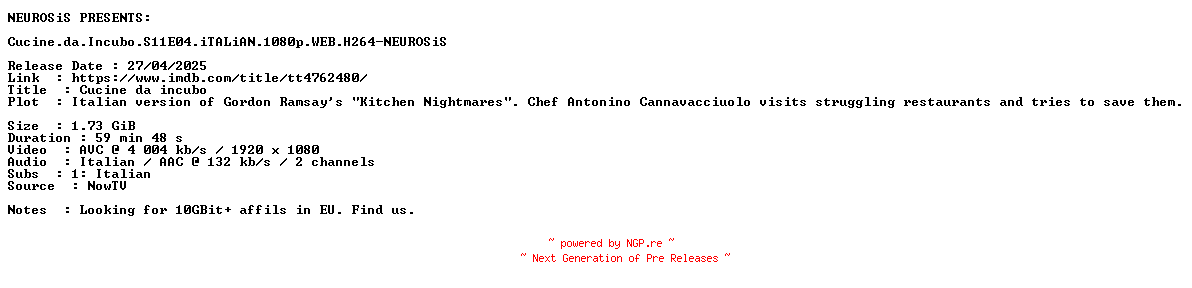 NFO for the release Cucine.da.Incubo.S11E04.iTALiAN.1080p.WEB.H264-NEUROSiS by NEUROSiS