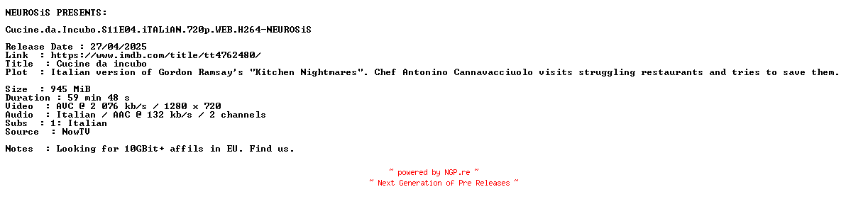 NFO for the release Cucine.da.Incubo.S11E04.iTALiAN.720p.WEB.H264-NEUROSiS by NEUROSiS