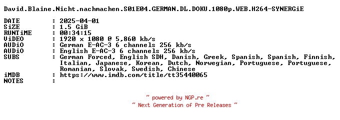 NFO for the release David.Blaine.Nicht.nachmachen.S01E04.GERMAN.DL.DOKU.1080p.WEB.H264-SYNERGiE by SYNERGiE