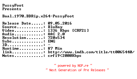 NFO for the release Baal.1970.BDRip.x264-PussyFoot by PussyFoot