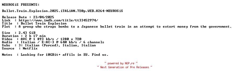 NFO for the release Bullet.Train.Explosion.2025.iTALiAN.720p.WEB.H264-NEUROSiS by NEUROSiS