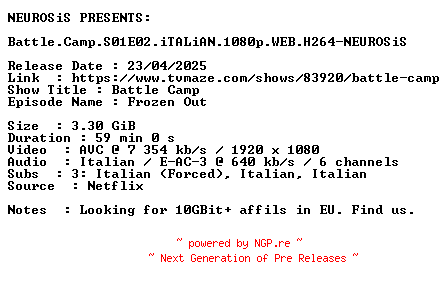 NFO for the release Battle.Camp.S01E02.iTALiAN.1080p.WEB.H264-NEUROSiS by NEUROSiS