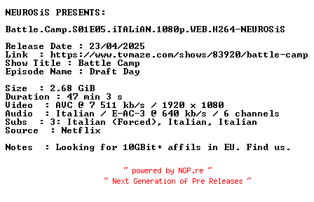 NFO for the release Battle.Camp.S01E05.iTALiAN.1080p.WEB.H264-NEUROSiS by NEUROSiS