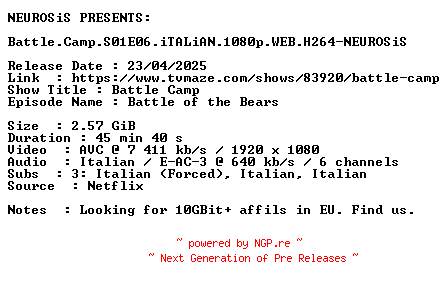 NFO for the release Battle.Camp.S01E06.iTALiAN.1080p.WEB.H264-NEUROSiS by NEUROSiS