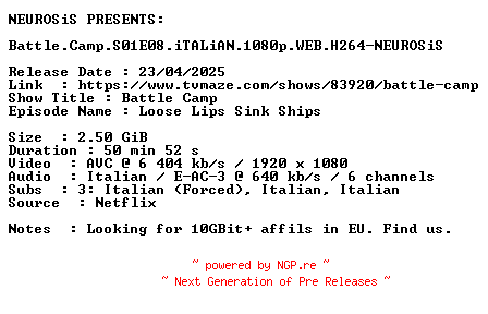 NFO for the release Battle.Camp.S01E08.iTALiAN.1080p.WEB.H264-NEUROSiS by NEUROSiS