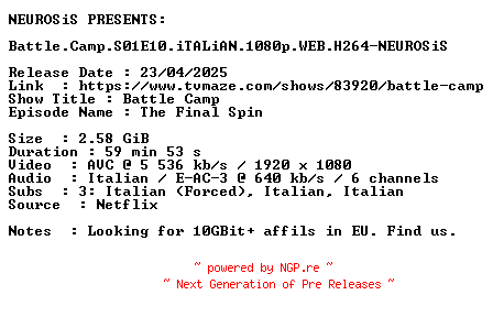 NFO for the release Battle.Camp.S01E10.iTALiAN.1080p.WEB.H264-NEUROSiS by NEUROSiS