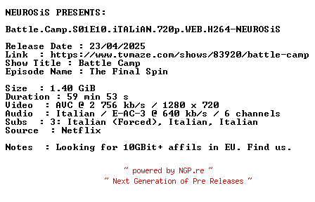 NFO for the release Battle.Camp.S01E10.iTALiAN.720p.WEB.H264-NEUROSiS by NEUROSiS